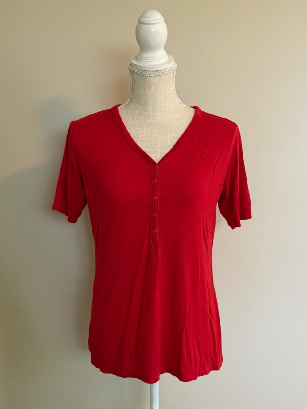 Women's Red V-Neck Short Sleeve Button-Front Tee